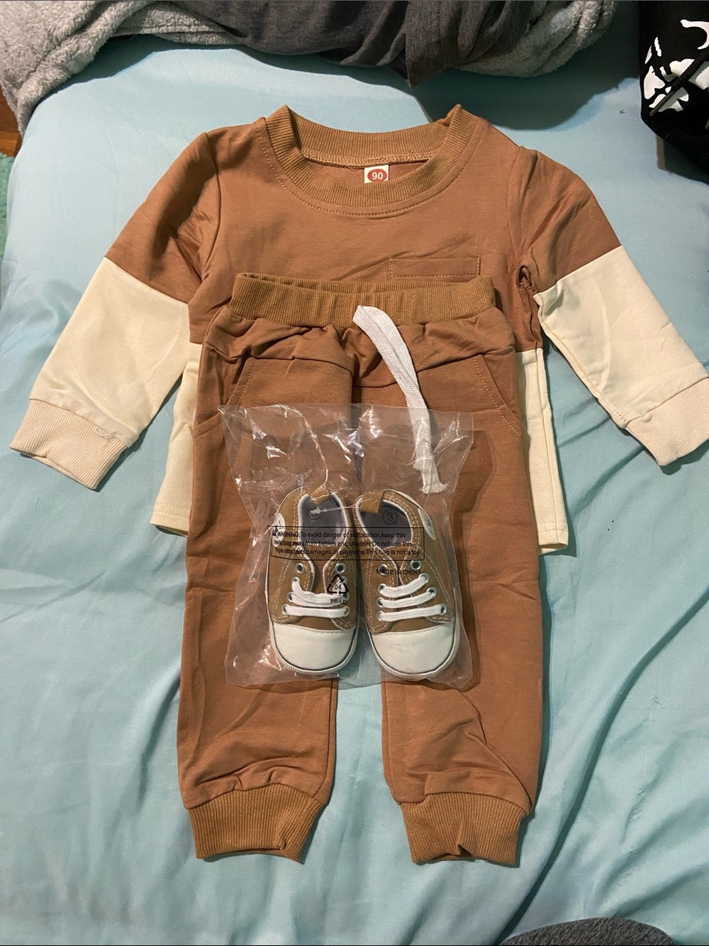 Kids Brown & Cream Two-Tone Bodysuit Set with Matching Brown Shoes
